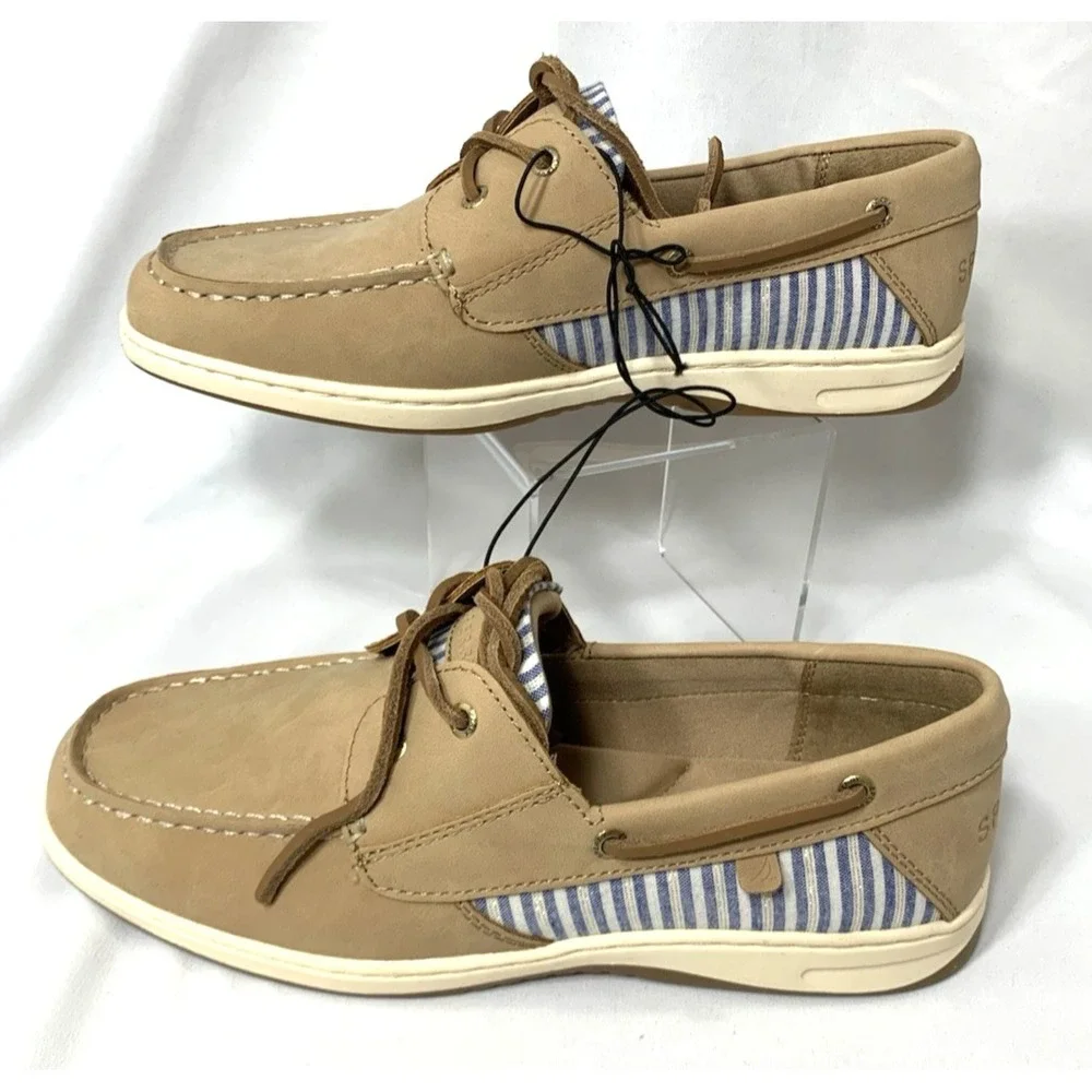 NEW Sperry Boat Shoe Womens 8.5 Whalefish Top Sider Tan Leather Blue Stripe